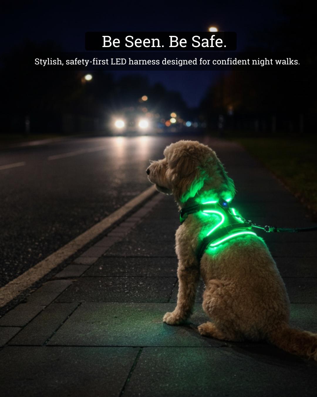 Dog wearing a green LED harness sitting on a sidewalk at night with headlights in the background.