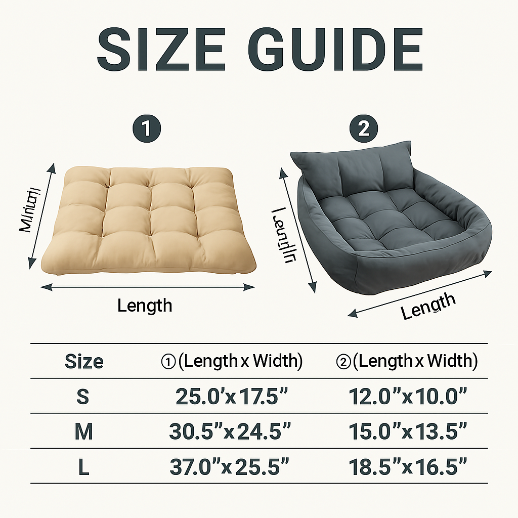 Size guide for bean bags with dimensions labeled