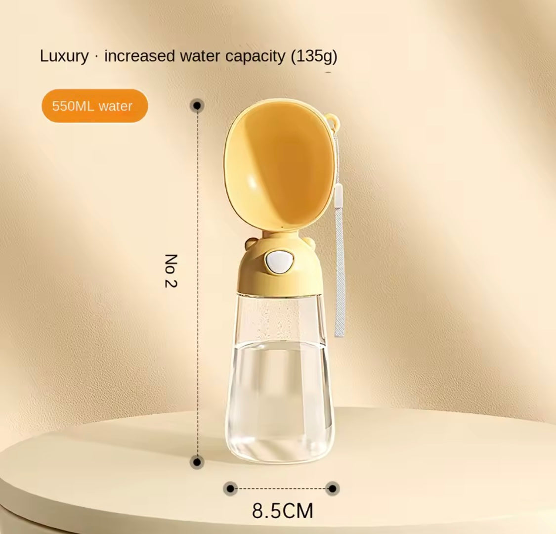 Yellow pet water bottle with water capacity and dimensions displayed on a beige background
