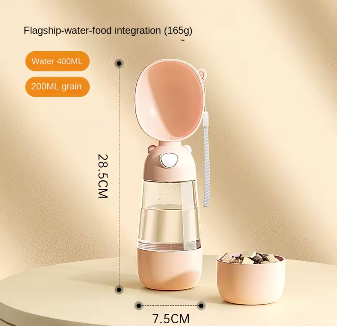 Pet water and food dispenser with measurements on a beige background