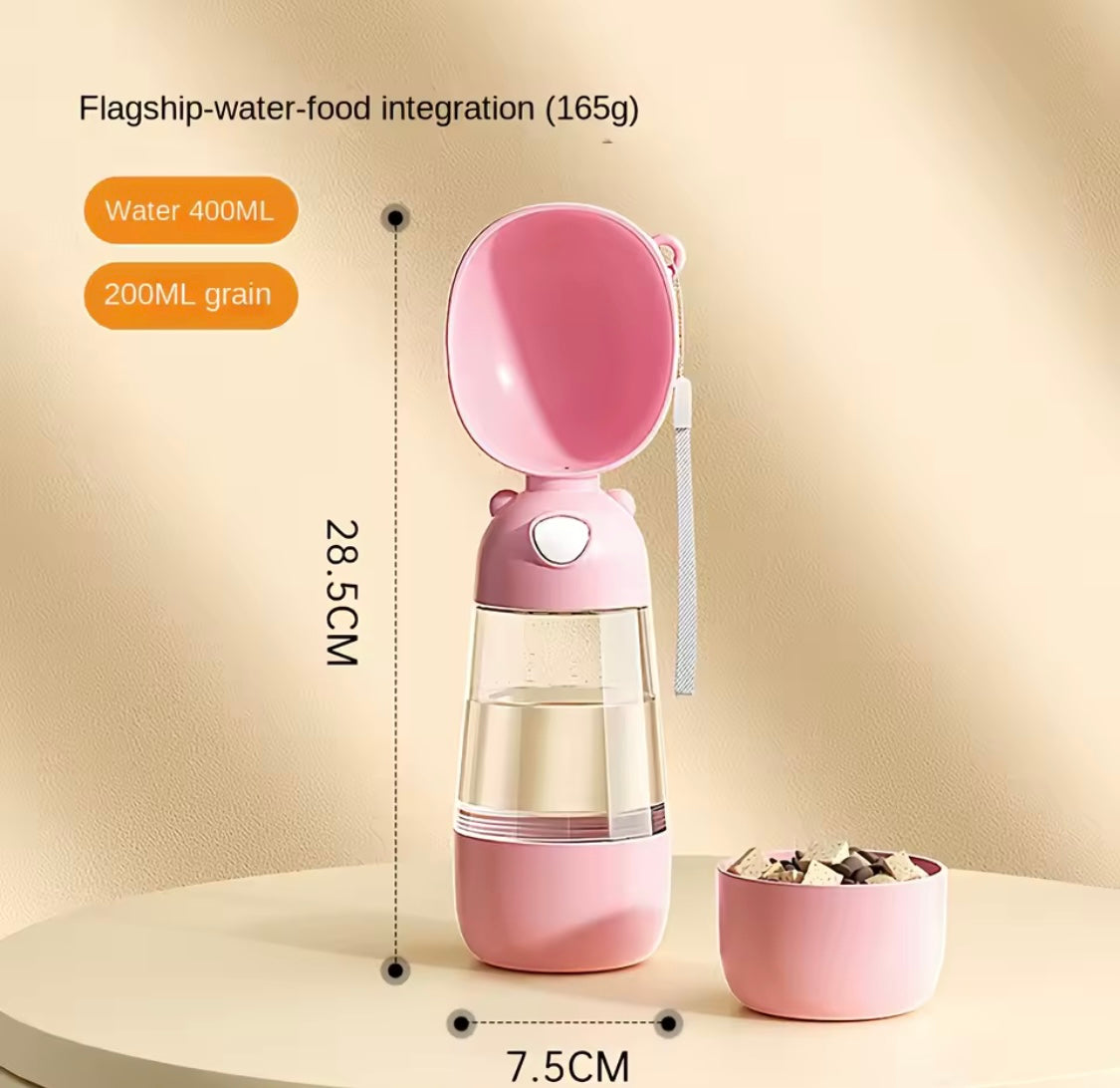 Pink pet water and food dispenser with measurements on a beige background