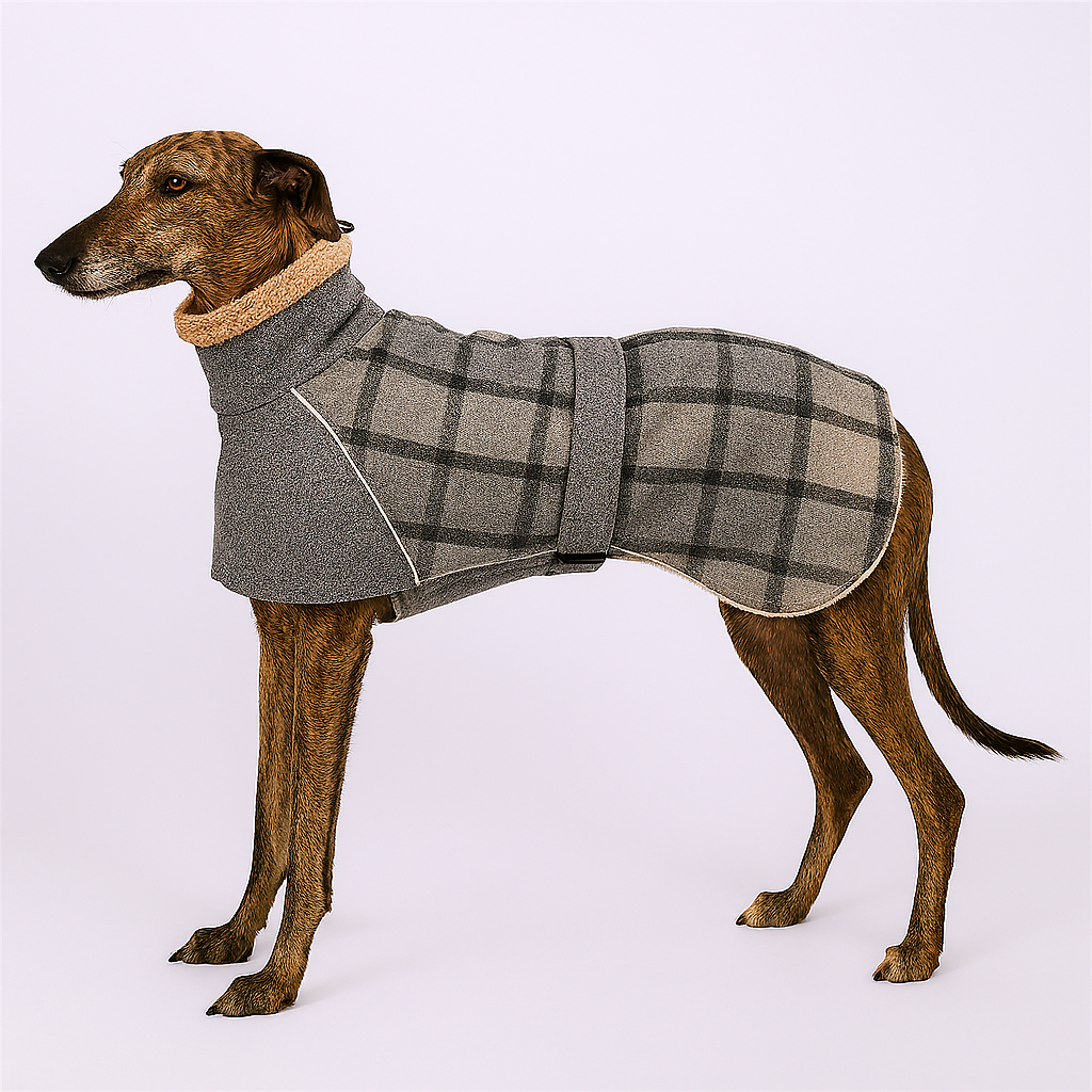 Dog wearing a gray plaid coat on a white background
