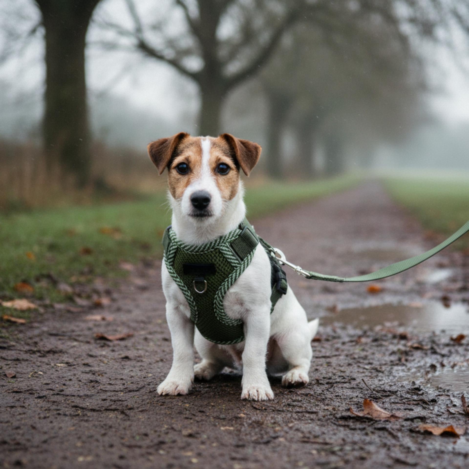 Dog wearing a green harness on a muddy path in a park