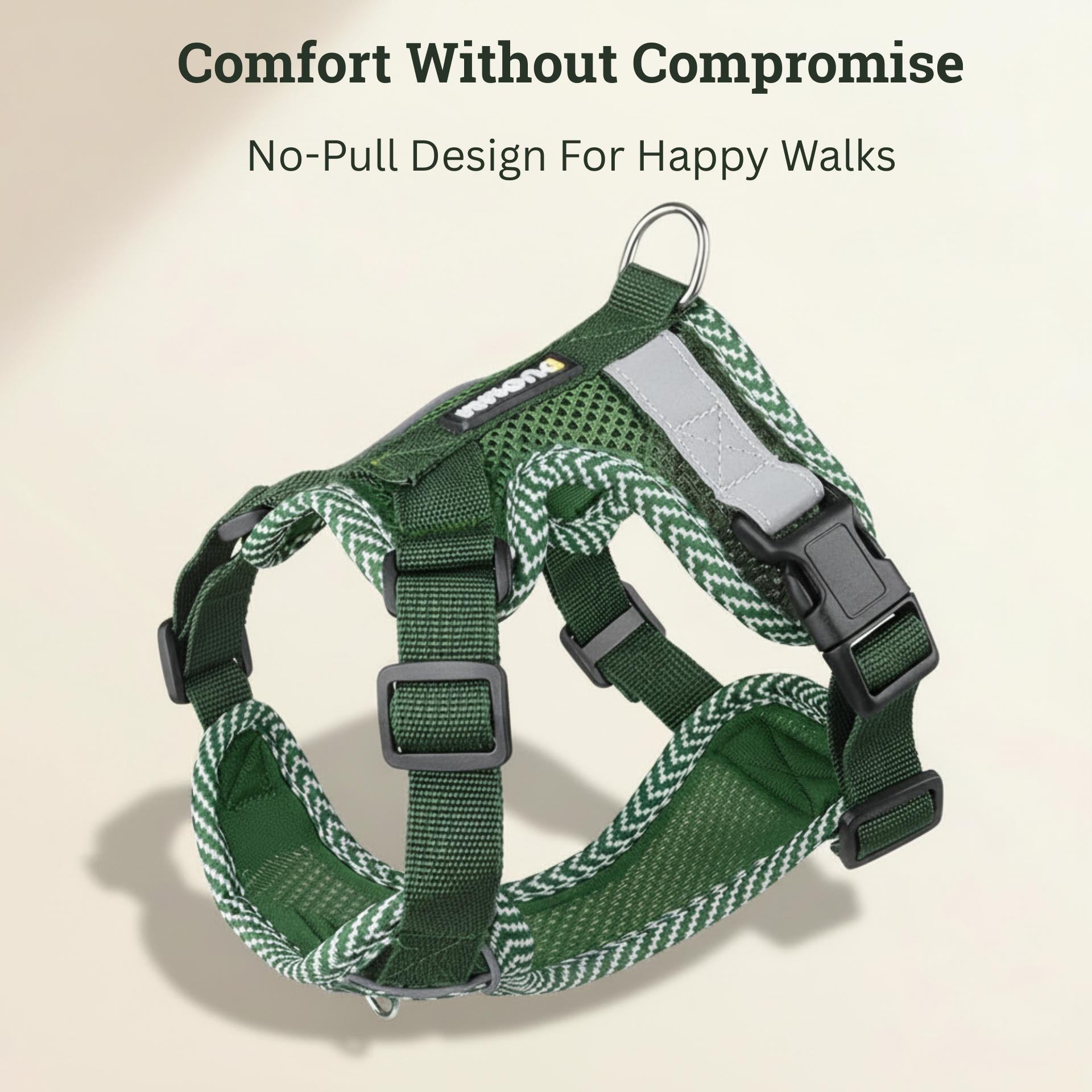 Green dog harness with braided design on a beige background, featuring text about comfort and no-pull design.