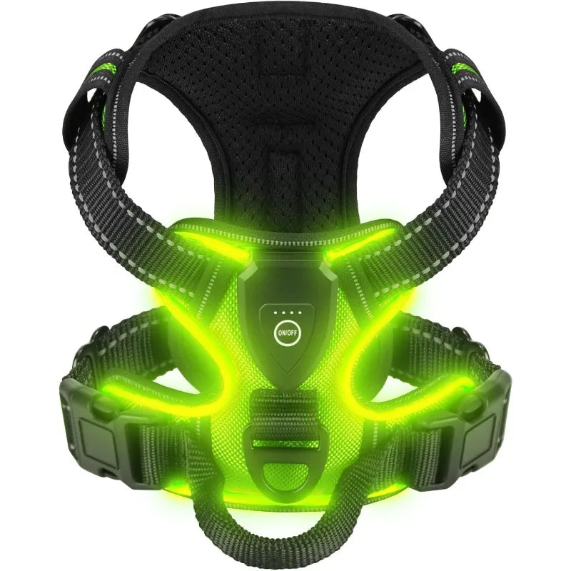 "Black LED dog harness with green glow strips - no-pull design for medium to large dogs"