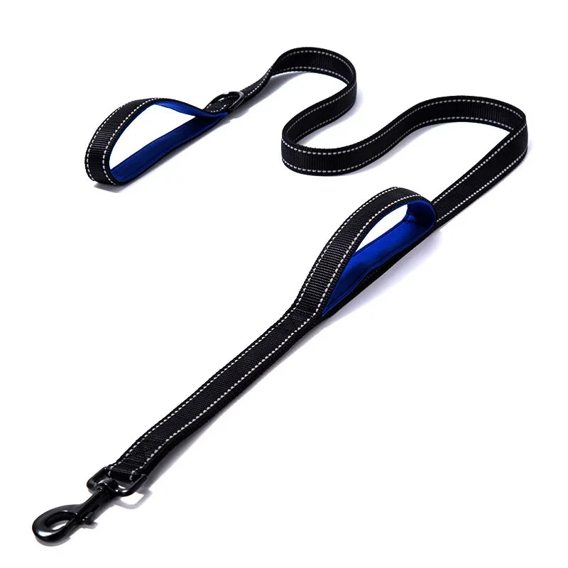 Black and blue dog leash on a white background