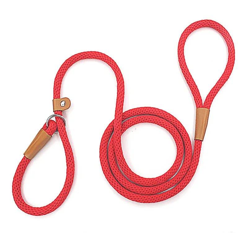 Red dog leash with wooden handles on a white background