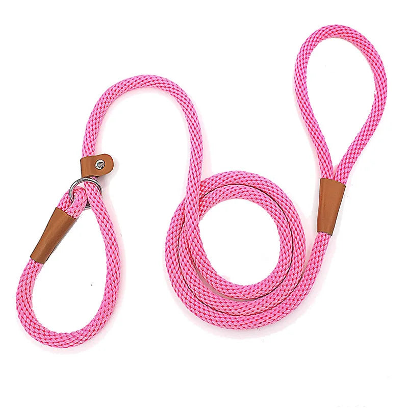 Pink dog leash with brown leather ends on a white background