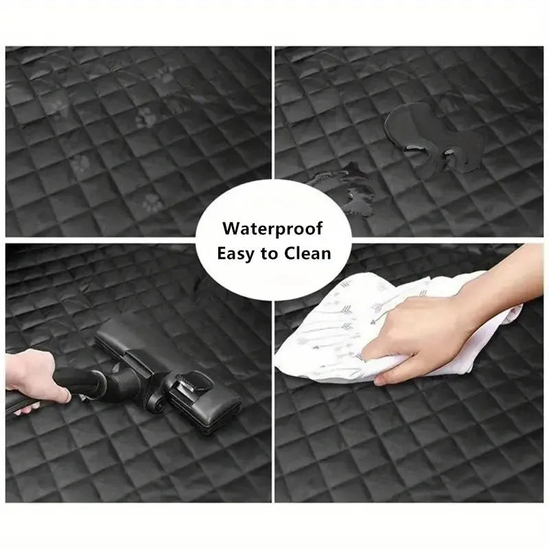 Black car mat with text 'Waterproof Easy to Clean' and images of cleaning and vacuuming.