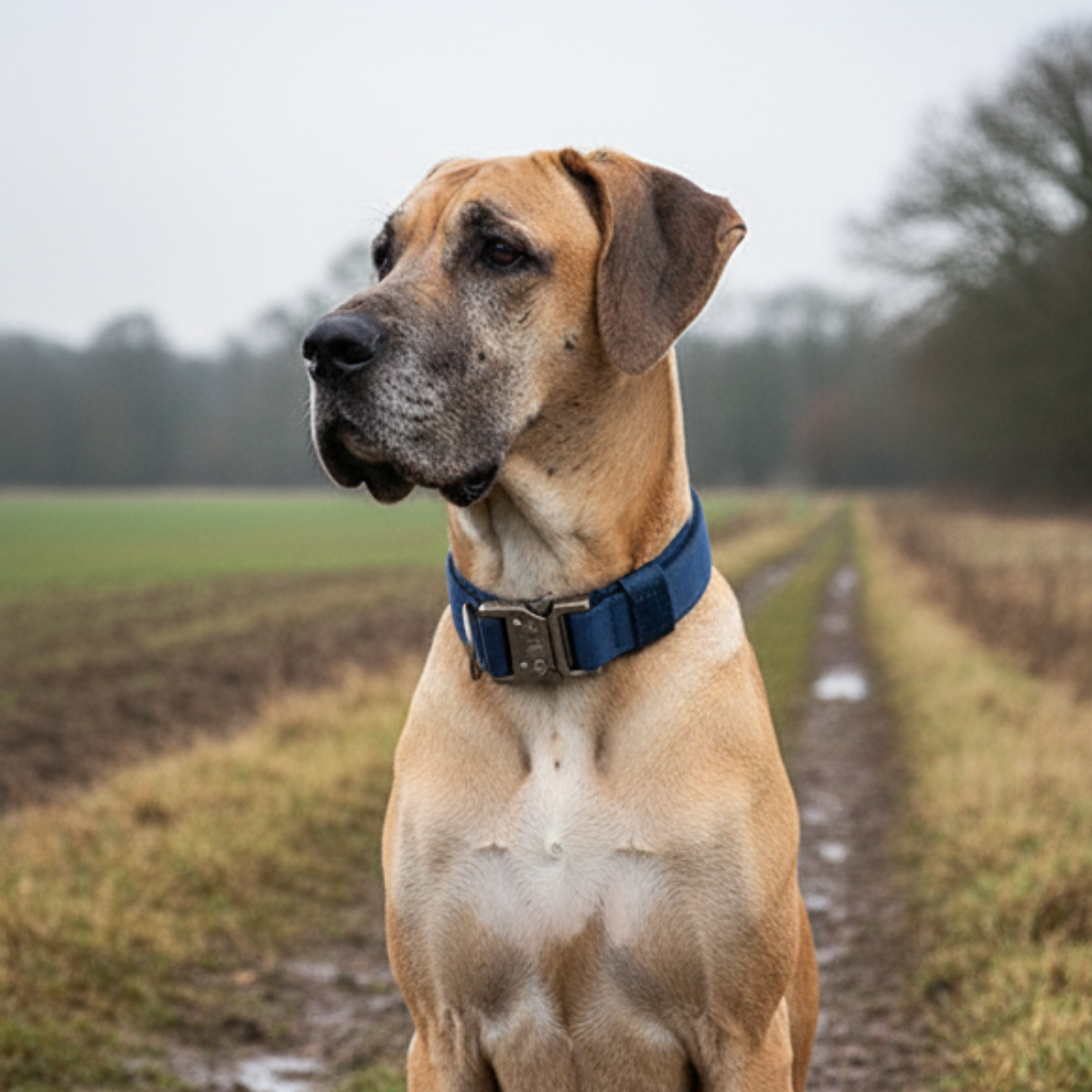 Dog wearing a blue collar standing on a muddy path with a field and trees in the background