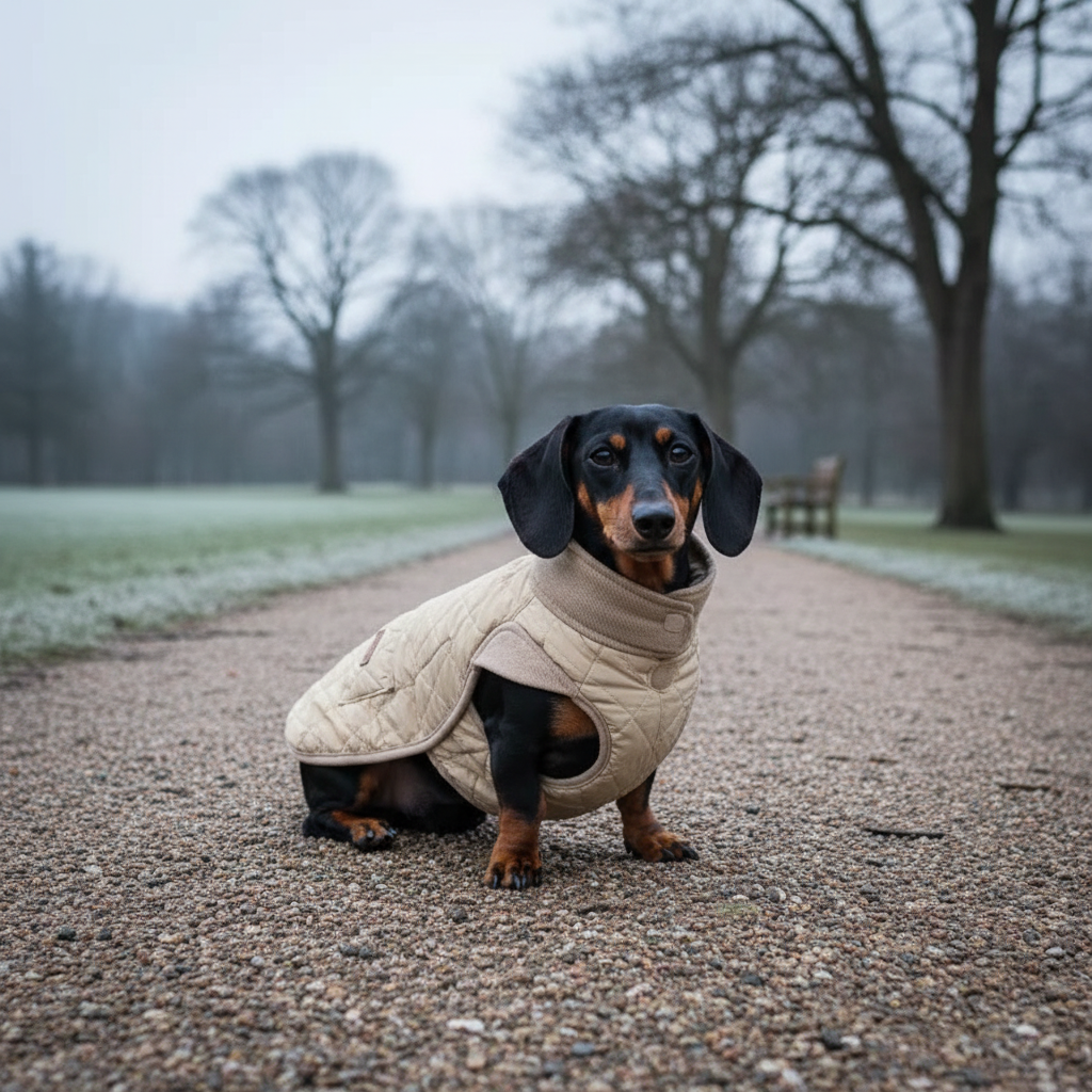 Black and chestnut dachshund wearing beige quilted coat in winter park