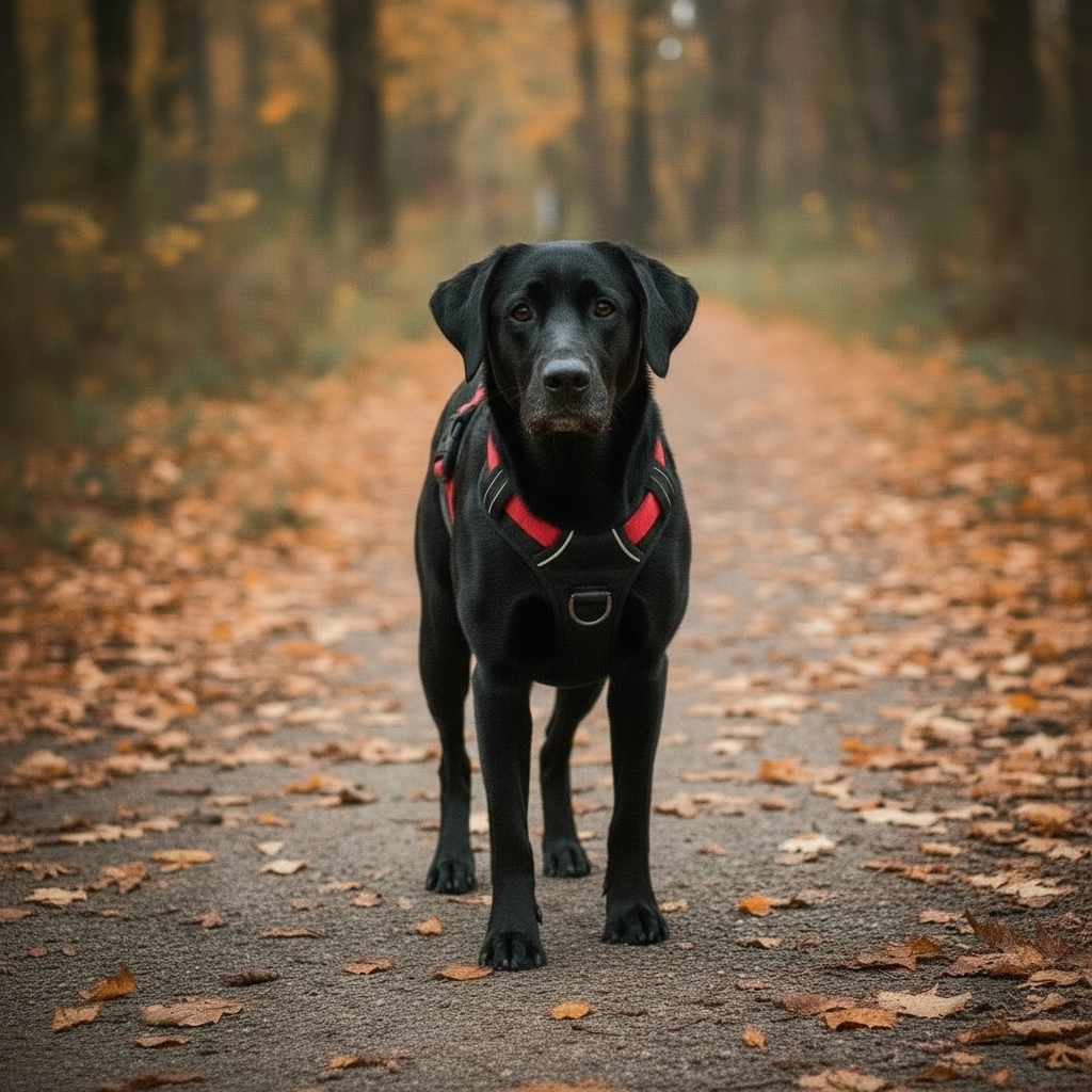 Black Labrador wearing red tactical dog harness standing on autumn forest path - Heavy-duty training harness for large dogs