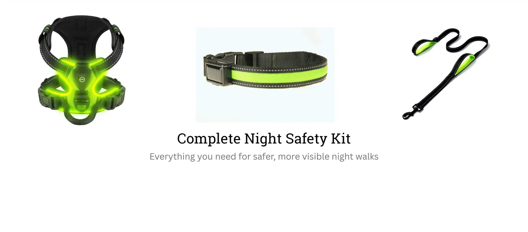 Complete night safety kit with glowing green accessories on a white background