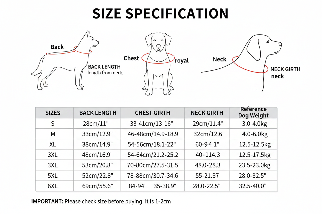 Dog coat size specification chart