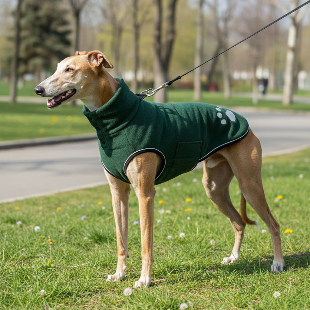 Greyhound wearing green fleece jacket in park setting