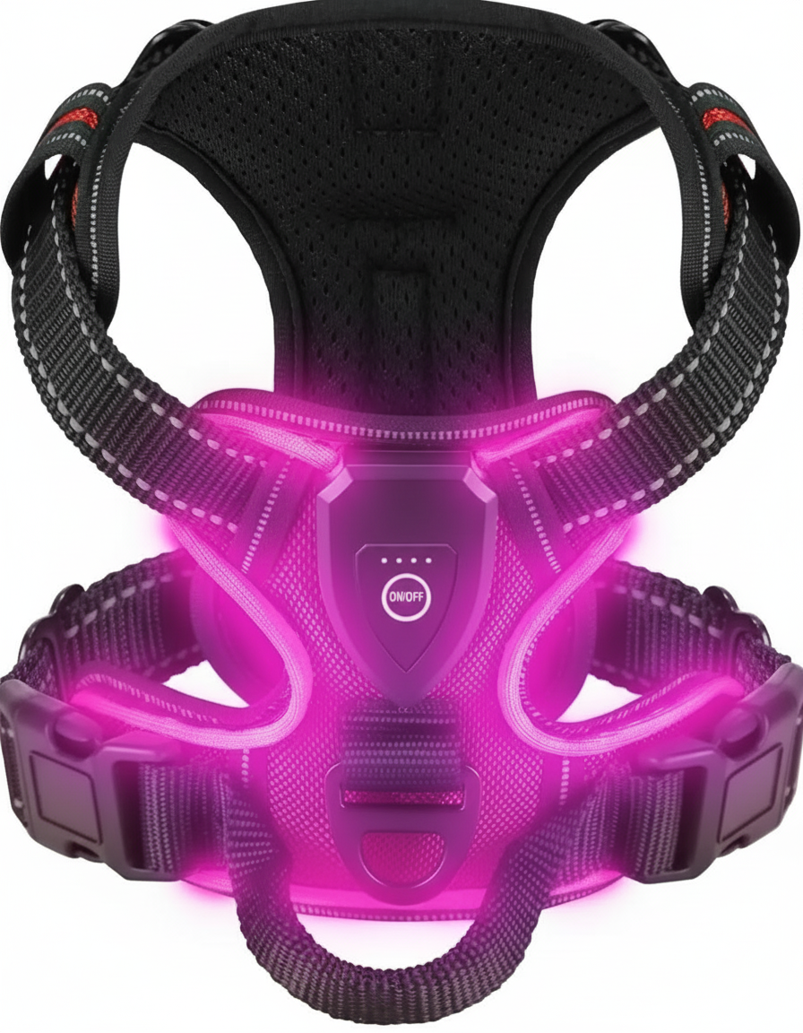 "Purple LED dog harness with rechargeable lights - illuminated pet harness for visibility"