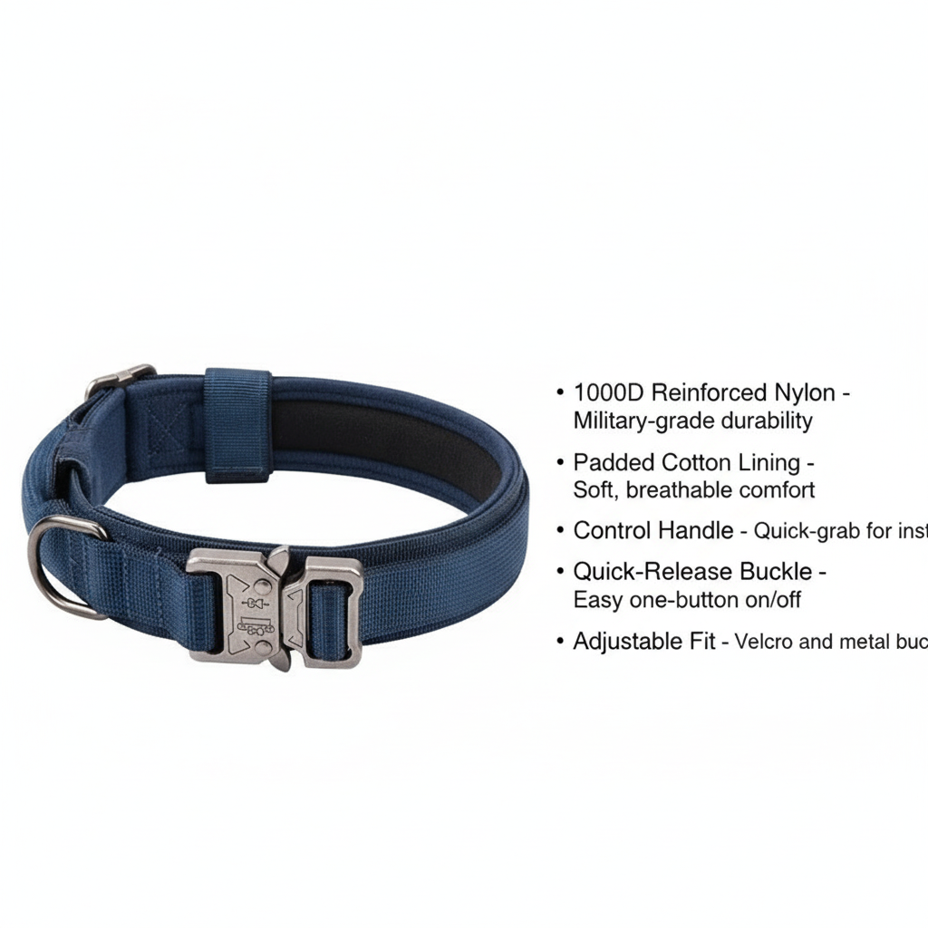 Heavy-duty training collar with 1000D nylon, padded lining, control handle, and quick-release buckle for medium to large dogs