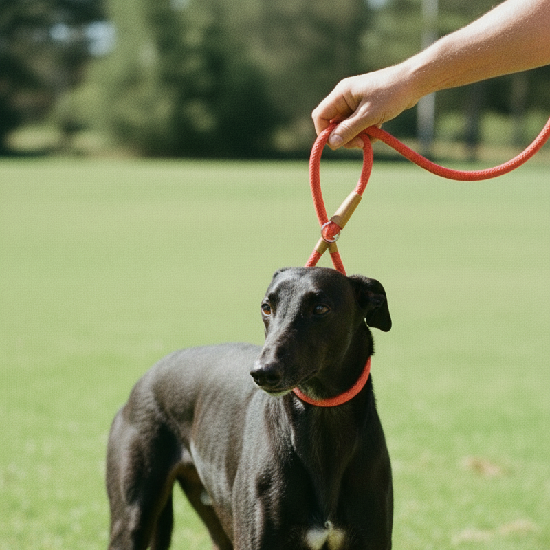 Person removing adjustable red slip lead from black greyhound neck - comfortable dog walking lead in use