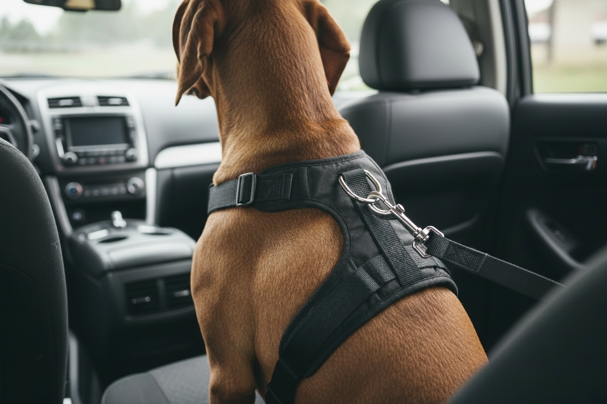 "Brown dog wearing black safety harness secured with clip in SUV back seat for car travel"