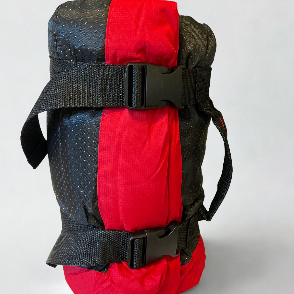 Backpack with black and red straps on a white background