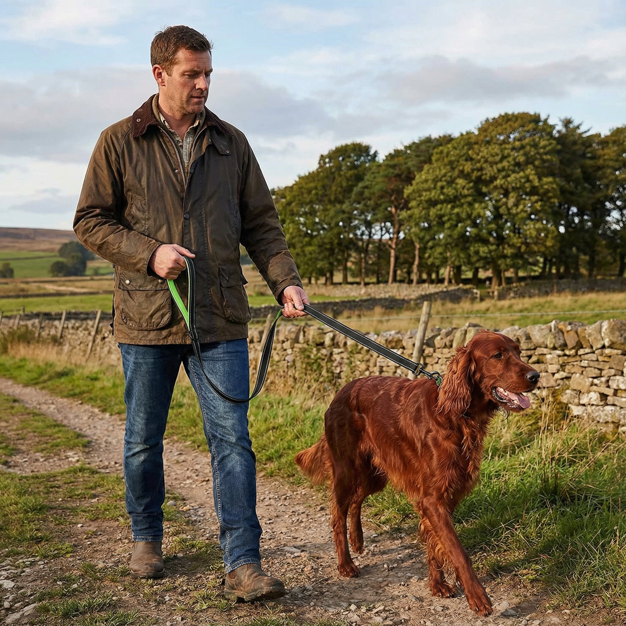 Man walking a dog on a leash in a rural setting with trees and a stone wall in the background.