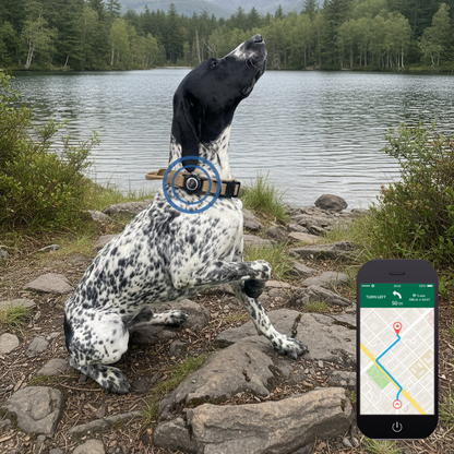 Dog sitting on rocks by a lake with a smartphone displaying a GPS app.
