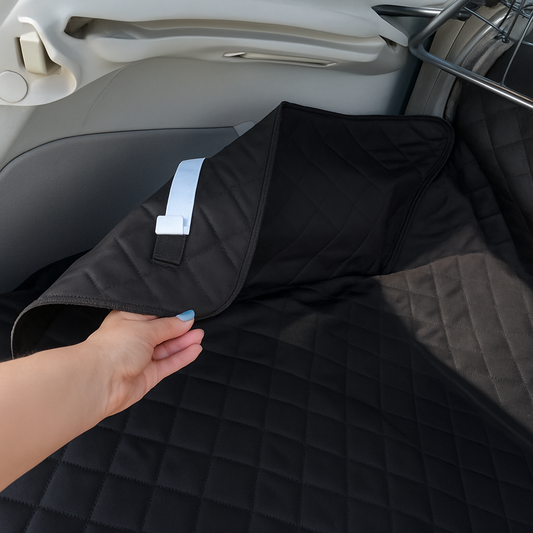 Person adjusting a black car seat cover inside a vehicle