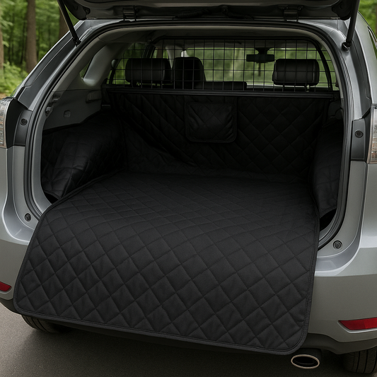 Car trunk with a black quilted cargo liner, surrounded by greenery outside.