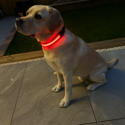 Dog wearing a glowing red collar with text 'Shine Bright Like Cooper' on a dark background.