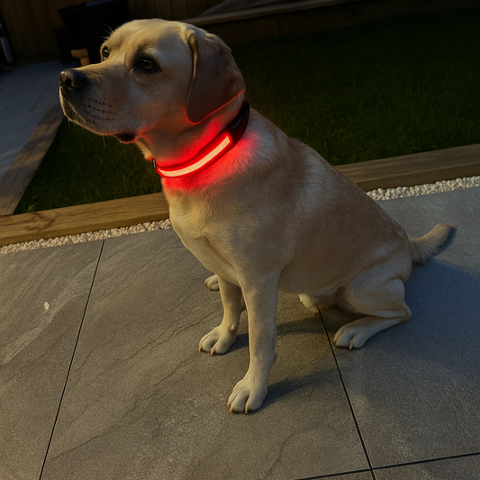 Dog wearing a glowing red collar with text 'Shine Bright Like Cooper' on a dark background.