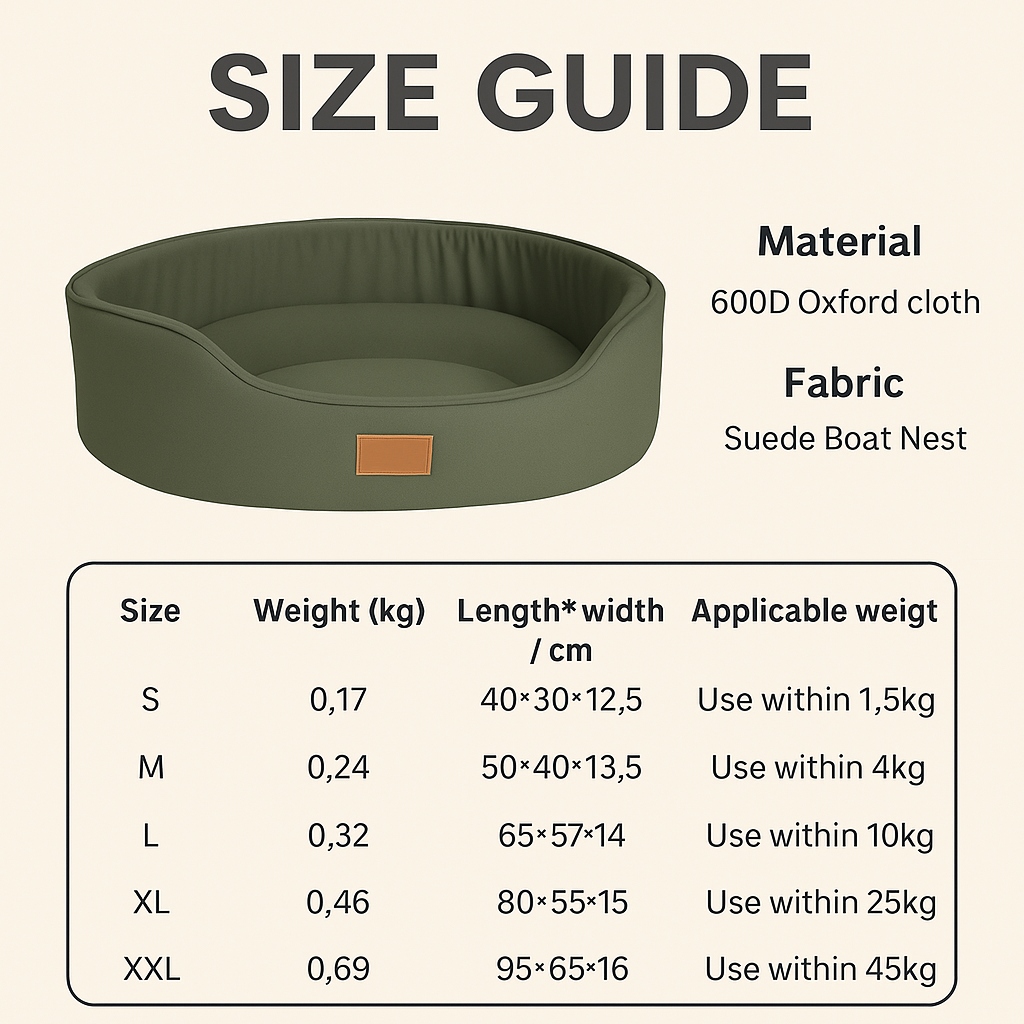 Size guide for a suede boat nest pet bed with material and fabric details.