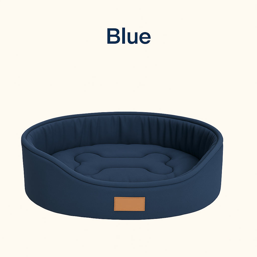 Blue pet bed with a brown label on a white background