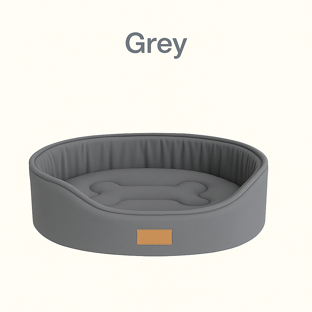 Gray pet bed with a bone-shaped indentation on a white background