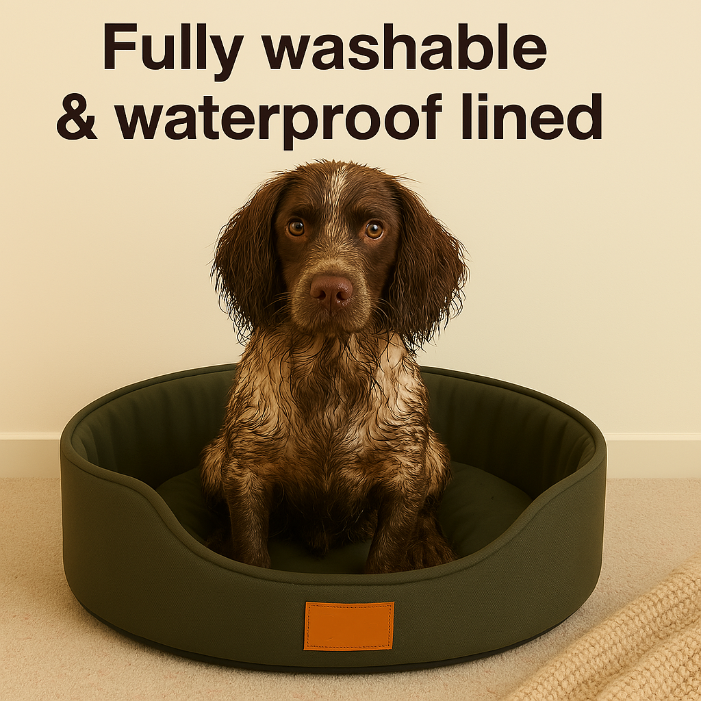 Dog sitting in a green pet bed with text 'Fully washable & waterproof lined' on a beige background