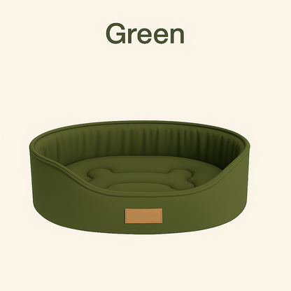 Green pet bed with a brown label on a beige background
