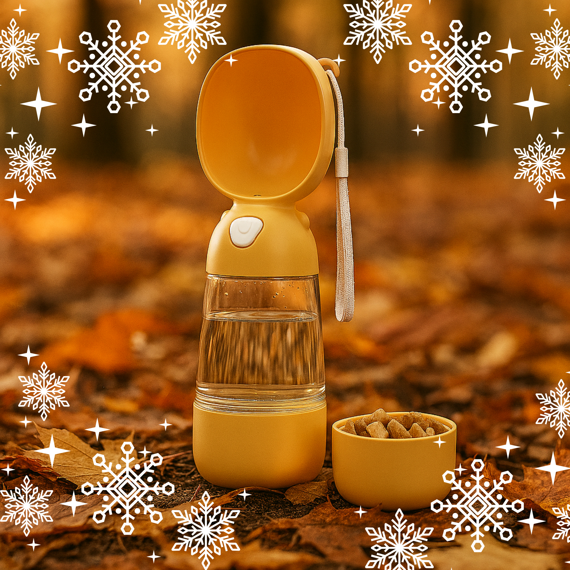 "portable dog water bottle with built-in bowl on autumn leaves – leakproof travel hydration for pets”