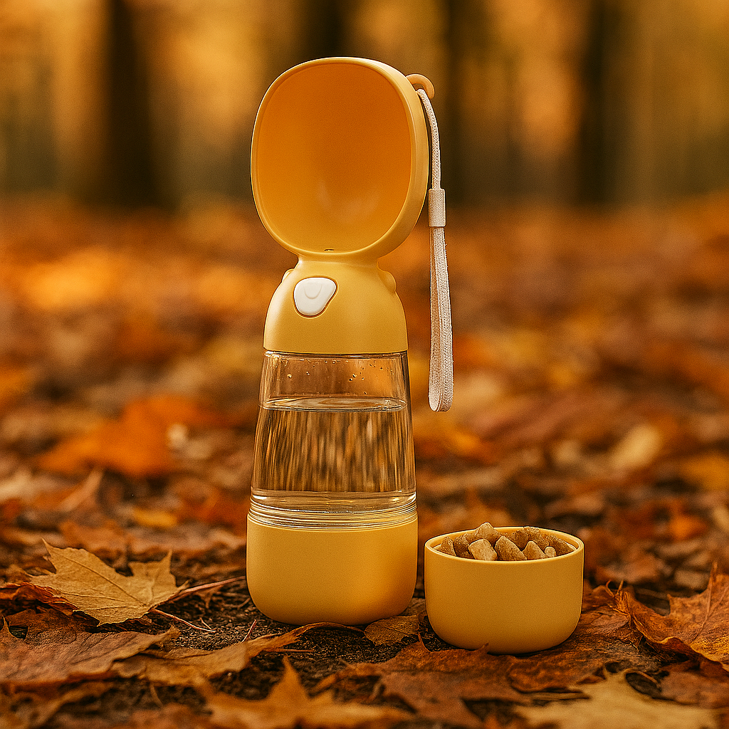 "portable dog water bottle with built-in bowl on autumn leaves – leakproof travel hydration for pets”