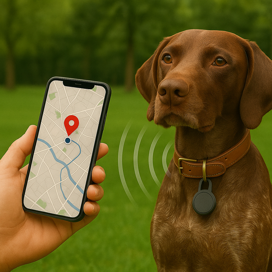 Dog with a collar and a person holding a phone with a map, indicating a pet tracking device.