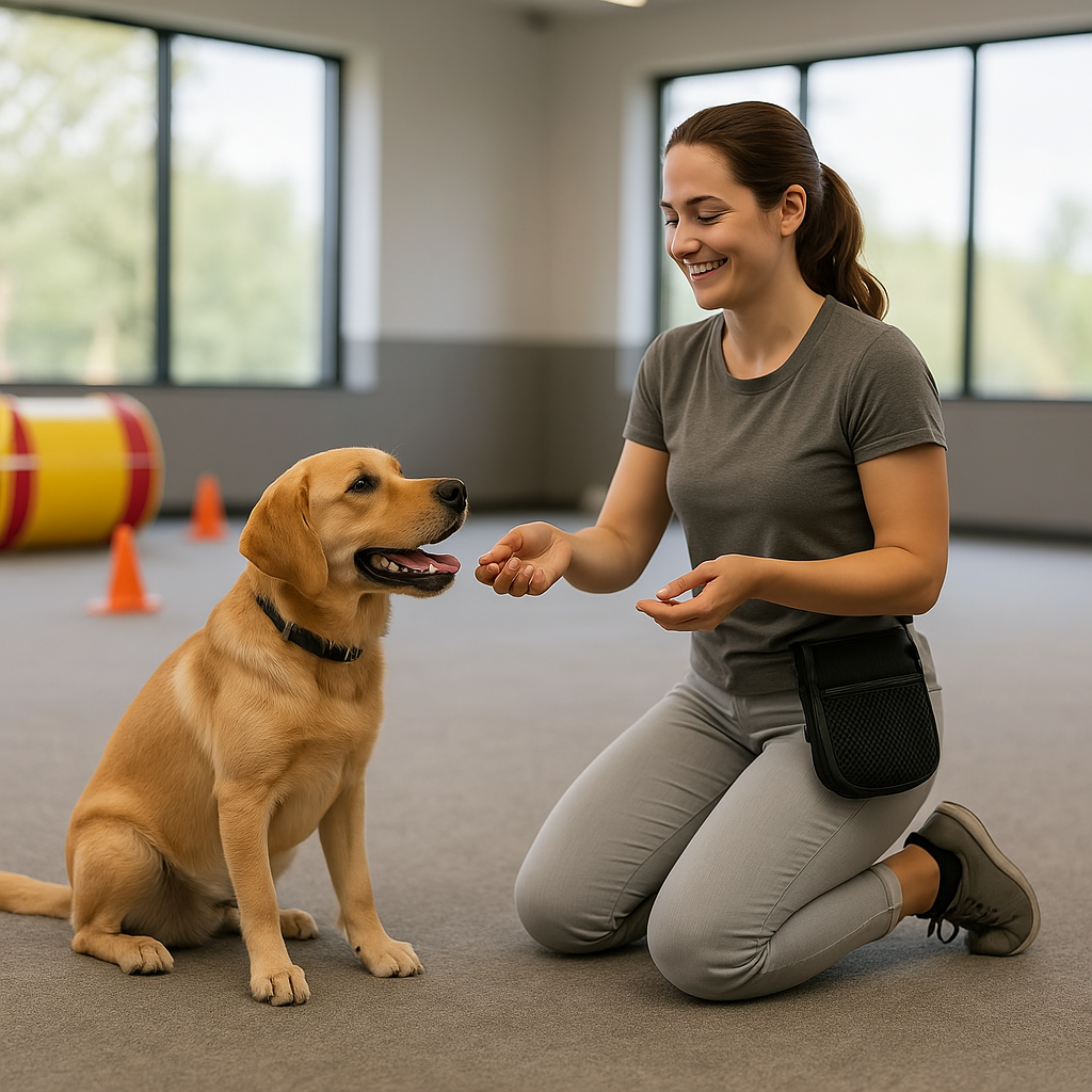 Woman kneeling on the floor with a dog in an indoor setting