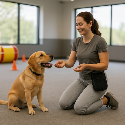 Woman kneeling on the floor with a dog in an indoor setting