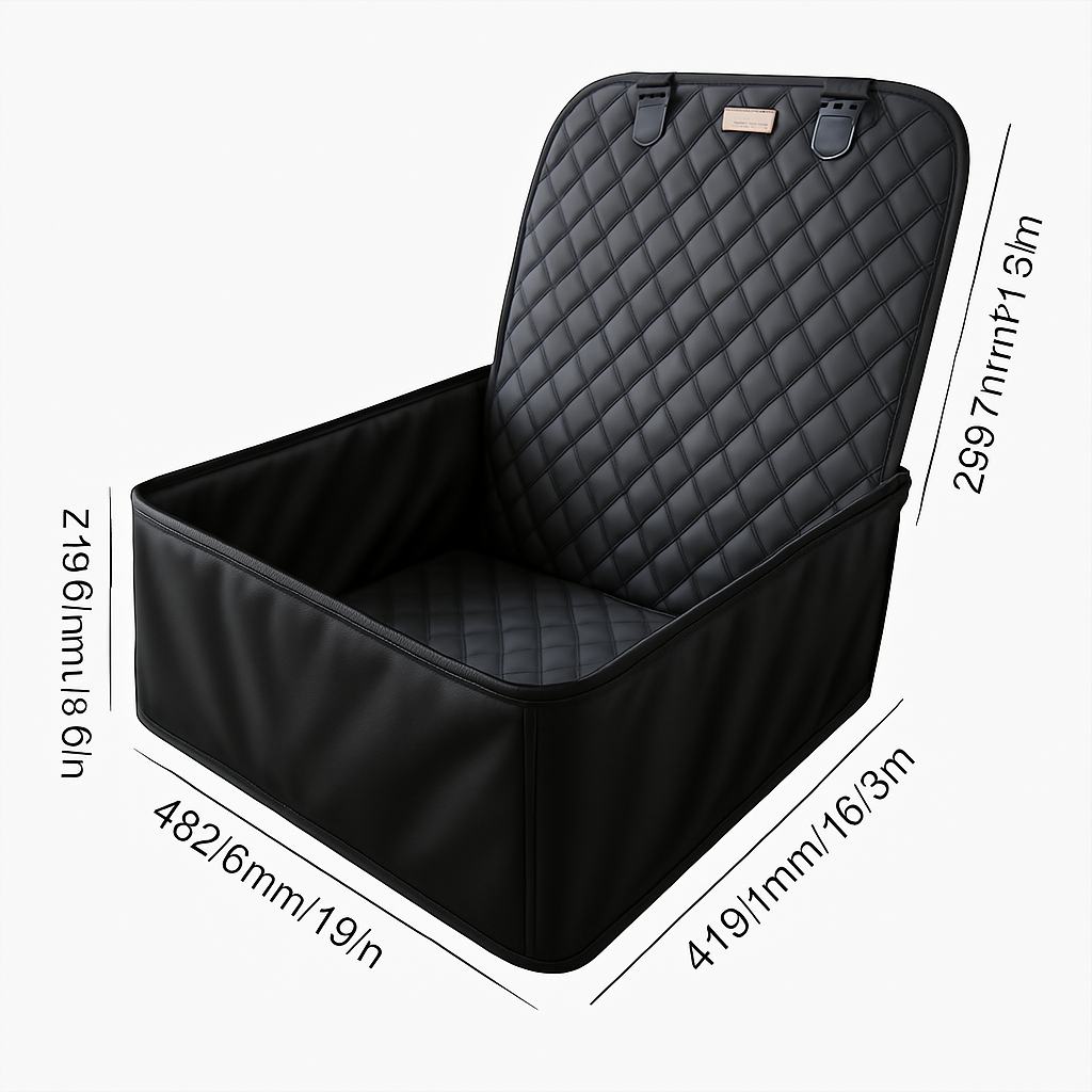 Black car seat cover with quilted design and measurements on a white background