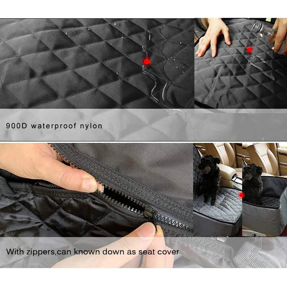 Black quilted seat cover with zippers, showing durability and fit in a car.