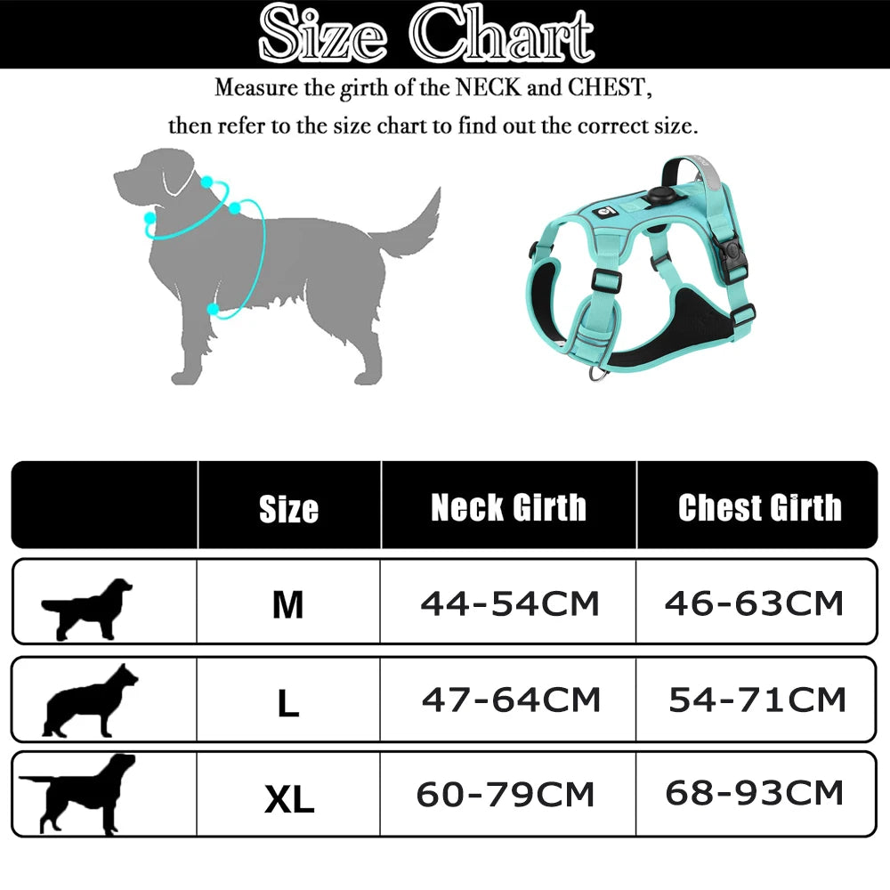 Dog harness size chart with measurements for neck and chest girths.