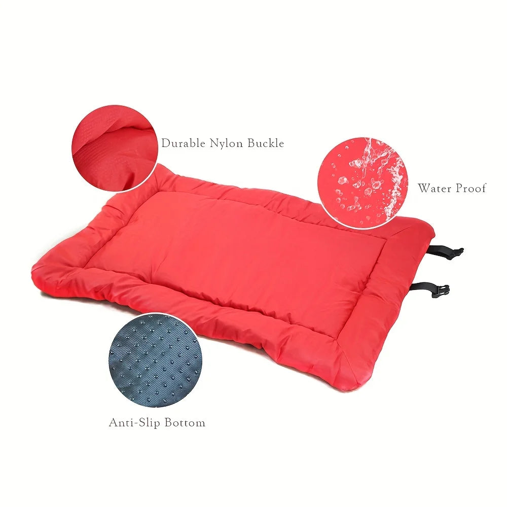 Red pet bed with features highlighted on a white background