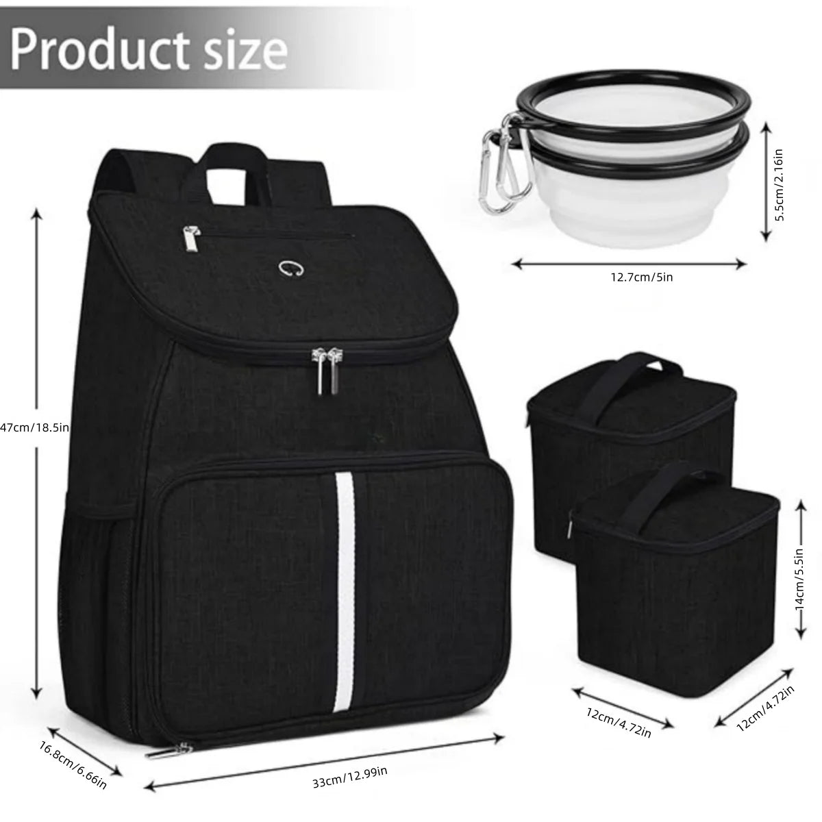 Black backpack with dimensions and additional black bags on a white background