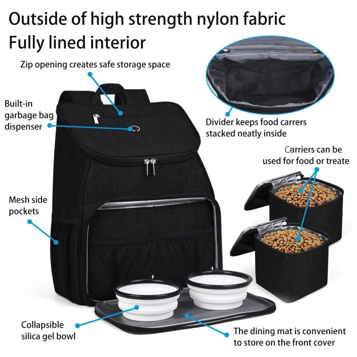 Black backpack with pet accessories and features highlighted