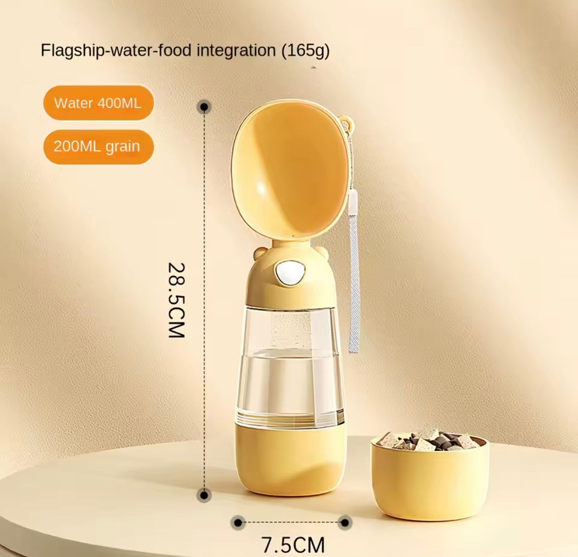 Yellow pet water and food dispenser with measurements on a beige background