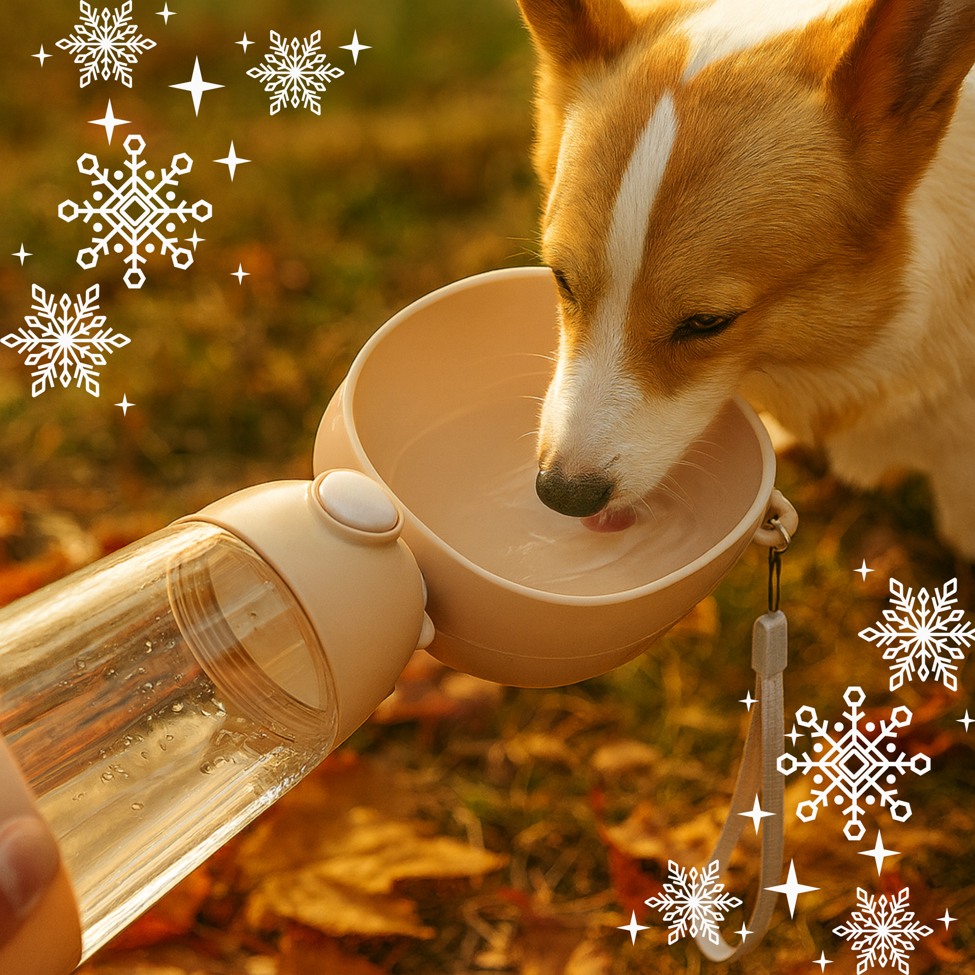 “Corgi drinking from portable dog water bottle with built-in bowl on autumn leaves – leakproof travel hydration for pets”