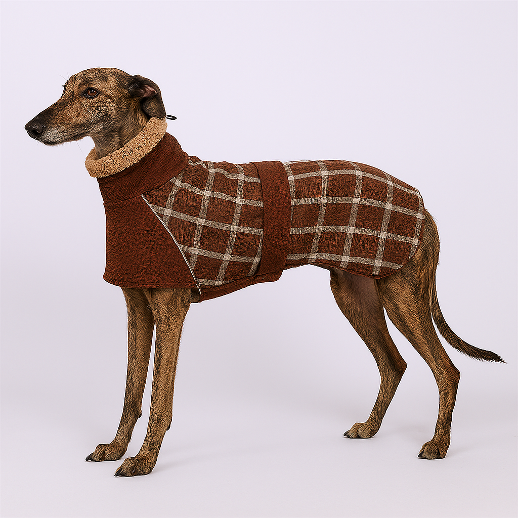 Dog wearing a brown plaid coat on a white background