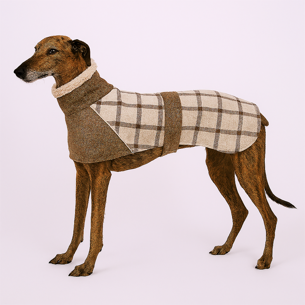 Dog wearing a checkered coat on a white background